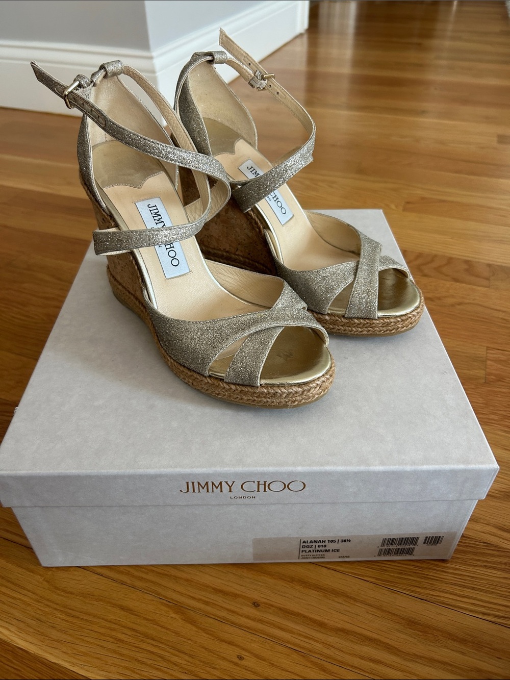 Jimmy Choo Platinum Ice Alana Espadrille Wedge Sandals size 38.5